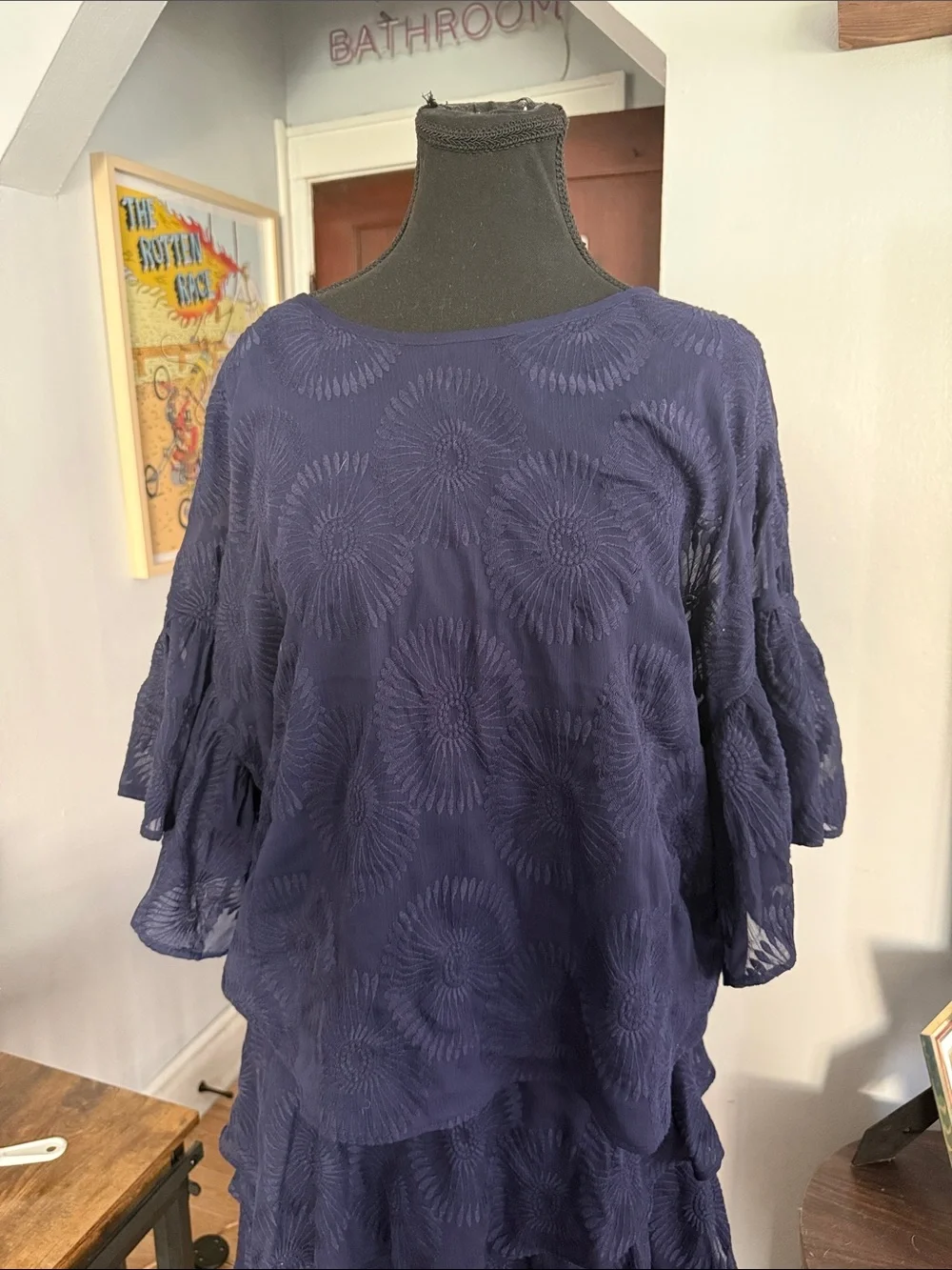Ted Baker Navy Embroidered Ruffle-Sleeve Tunic